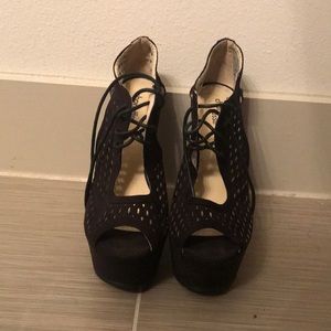 4 inch black lace up wedges